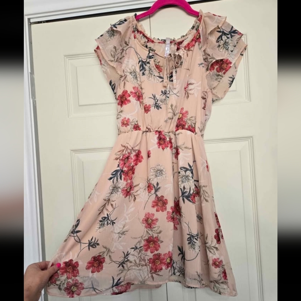 Floral Print Dress with Ruffle Sleeves And Red Dress With Lace Trim. $6 For Both